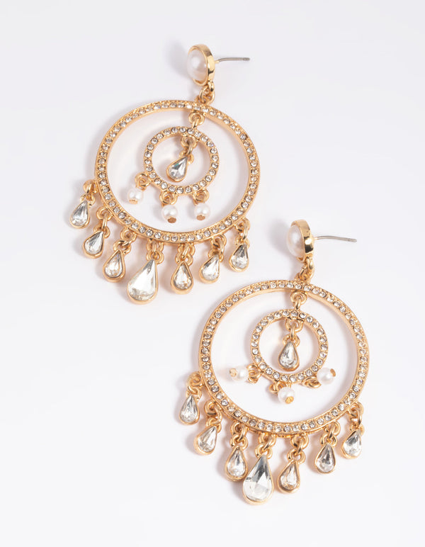 Gold Diamante Circular Vintage Drop Earrings