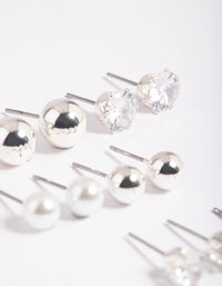 Silver Diamante Pearl Stud Earrings 6-Pack - link has visual effect only