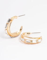 Gold Three Hoop Diamante Earrings - link has visual effect only