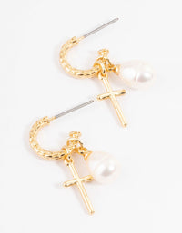 Gold Plated Cross & Freshwater Pearl Hoop Earrings - link has visual effect only