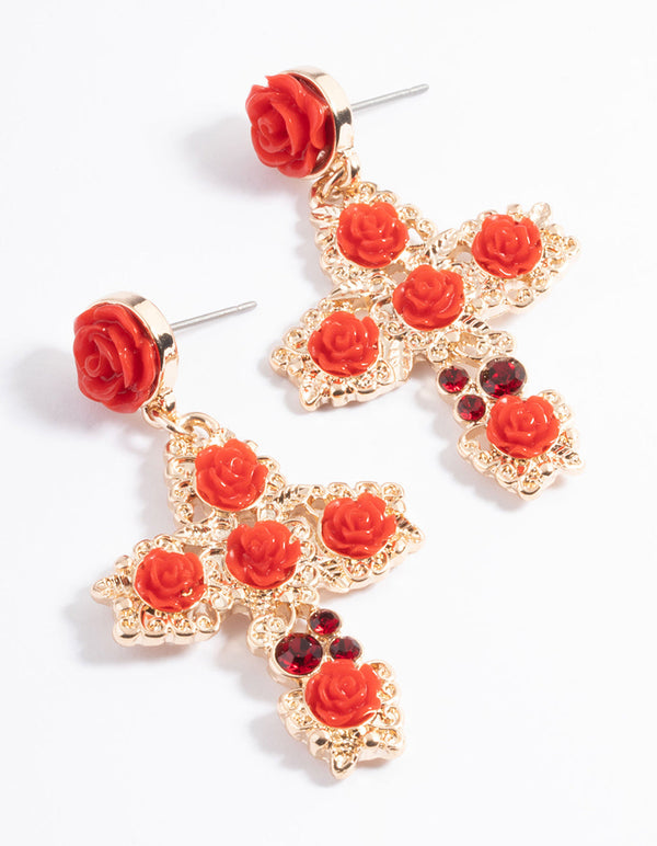 Red Gold Filigree Cross Drop Earrings