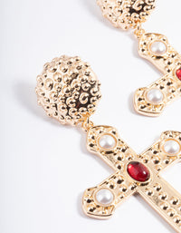 Red Textured Pearly Cross Drop Earrings - link has visual effect only