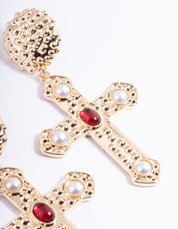 Red Textured Pearly Cross Drop Earrings - link has visual effect only