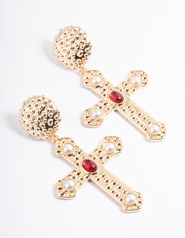 Red Textured Pearly Cross Drop Earrings