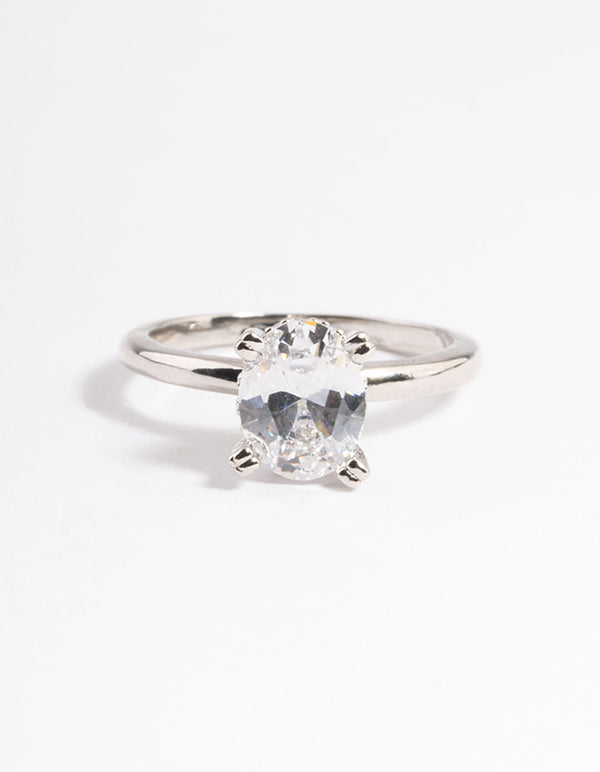 Rhodium Cubic Zirconia Single Oval Ring