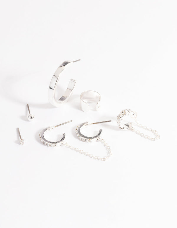 Silver Diamante & Plain Mix Stud & Earring 6-Pack