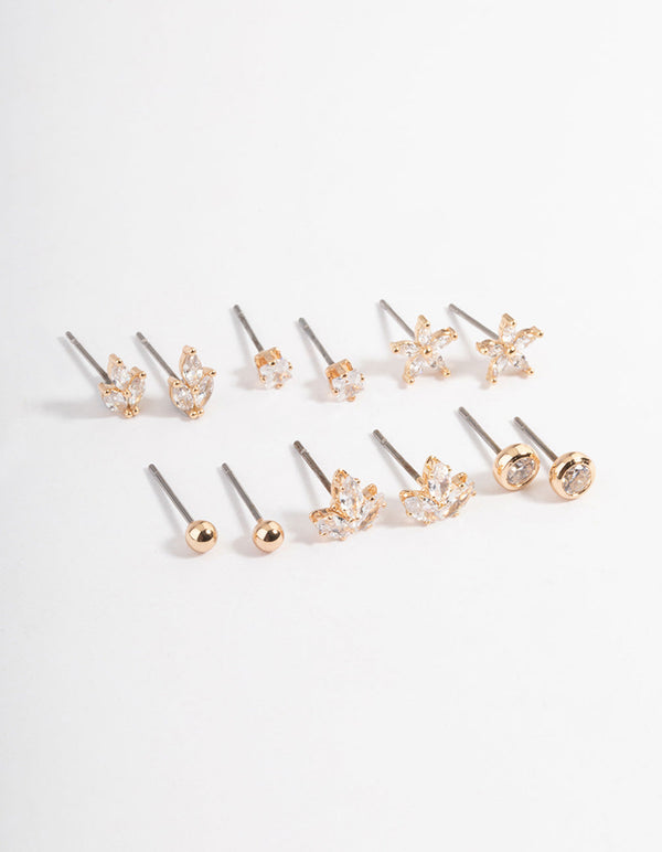 Gold Cubic Zirconia Marquise Flower Earrings 6-Pack