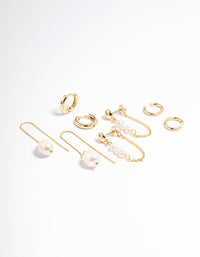 Gold Plated Freshwater Pearl Threader Huggie Earrings 4-Pack - link has visual effect only