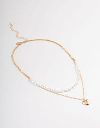 Gold Pearl Strand & Heart Layered Necklace - link has visual effect only