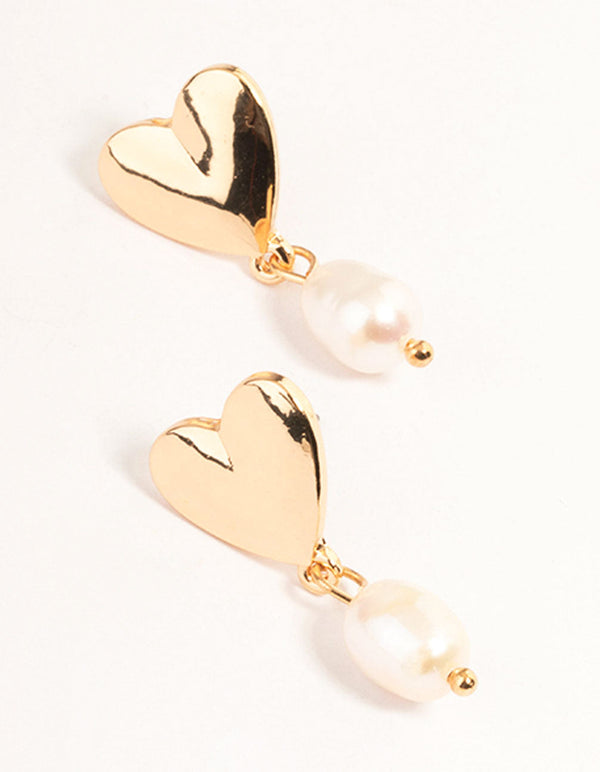 Gold Heart & Pearl Drop Earrings