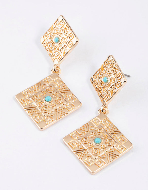 Gold Turquoise Square Drop Earrings