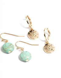 Gold Semi Precious Coin Earrings Set - link has visual effect only