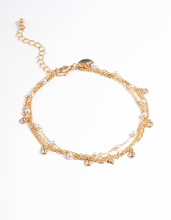 Gold Cubic Zirconia & Pearl Bead Anklet Pack