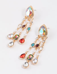 Gold Diamante Mixed Jewels Triple Drop Earrings - link has visual effect only