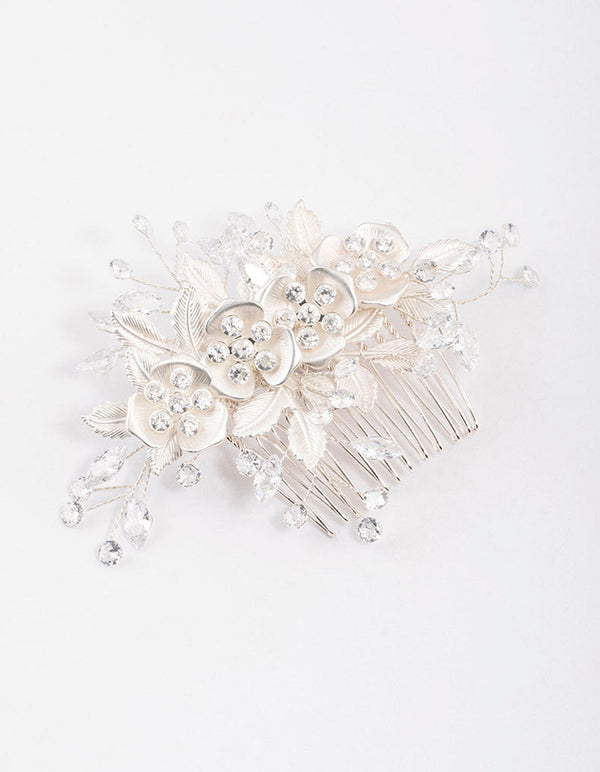 Silver Cubic Zirconia Floral Burst Hair Comb