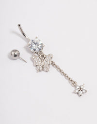 Surgical Steel Cubic Zirconia Butterfly Chain Belly Ring - link has visual effect only