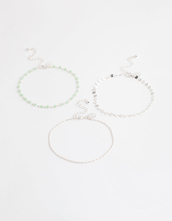 Silver Mixed Beaded & Disc Chain Anklet Pack