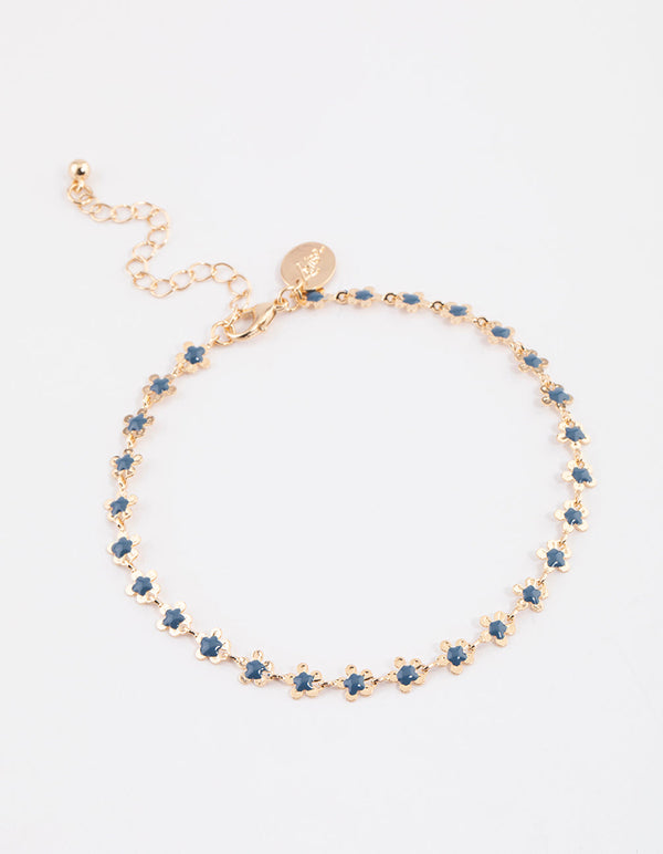 Gold Mini Blue Flower Chain Anklet