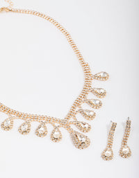 Gold Diamante Surrounded Teardrop Earrings & Necklace Set - link has visual effect only