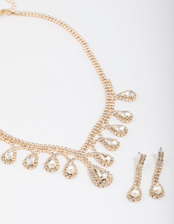 Gold Diamante Surrounded Teardrop Earrings & Necklace Set