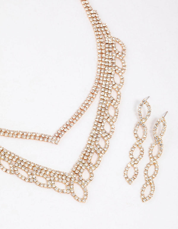 Gold Diamante Leaf Pointed Earrings & Necklace Set