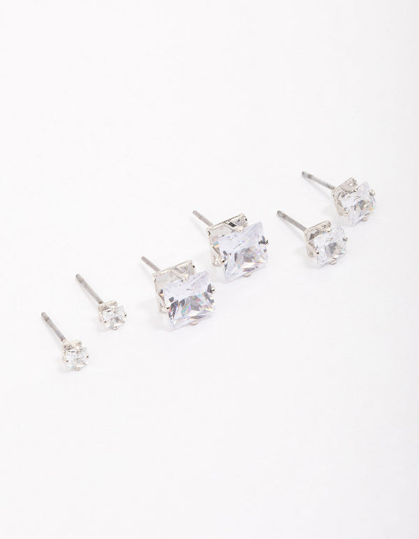 Rhodium Cubic Zirconia Square Graduated Earrings Pack