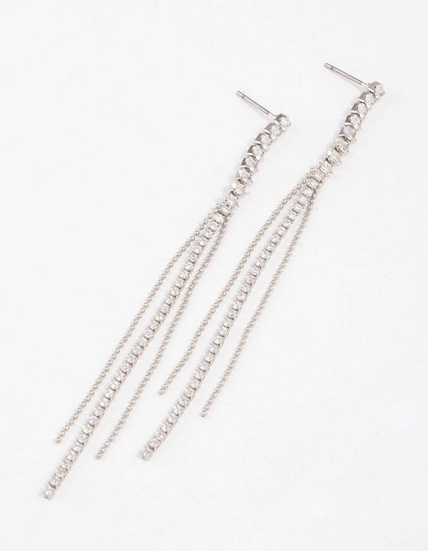 Rhodium Cubic Zirconia Skinny Stranded Drop Earrings