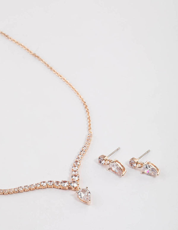 Rose Gold Pear Shape Drop Necklace & Earrings Set