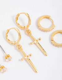 Gold Plated Cubic Zirconia Dagger Huggie Earrings Pack - link has visual effect only