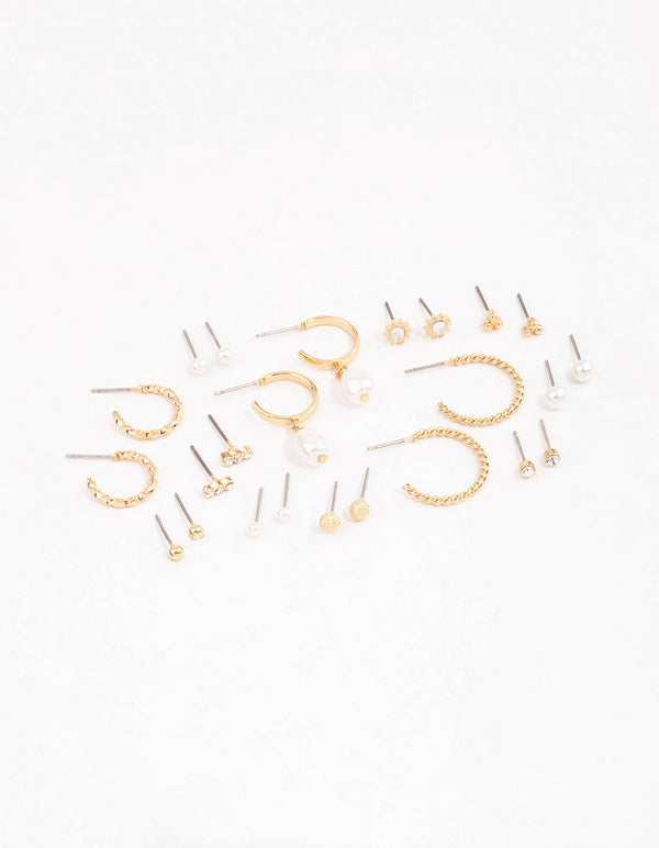 Gold Mixed Pearl Multi Stud Earrings