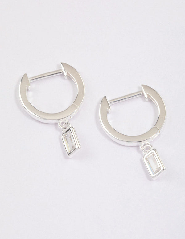 Sterling Silver Cubic Zirconia Baguette Drop Huggie Earrings