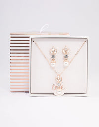 Rose Gold Leafy Diamante & Pearl Jewellery Set - link has visual effect only