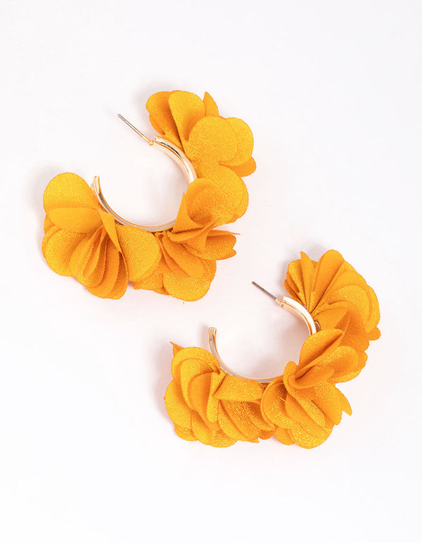 Gold & Yellow Fabric Flower Hoop Earrings