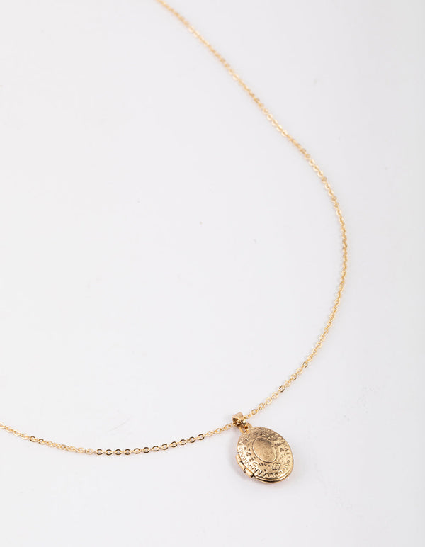 Antique Gold Etched Locket Pendant Necklace