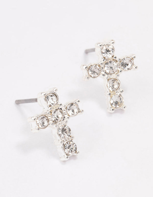 Silver Plated Diamante Cross Stud Earrings