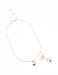 Gold Puffy Pear Earrings & Necklace Jewellery Set - link has visual effect only