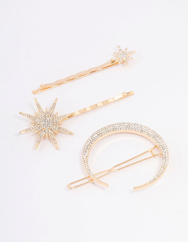 Gold Crecesnt & Star Hair Clips 3-Pack