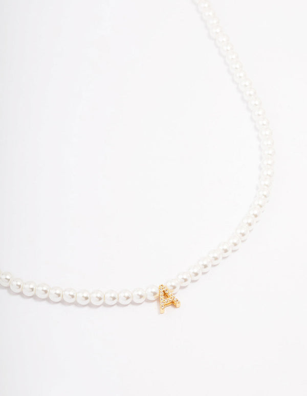 Gold Plated Letter A Initial & Pearl Pendant Necklace